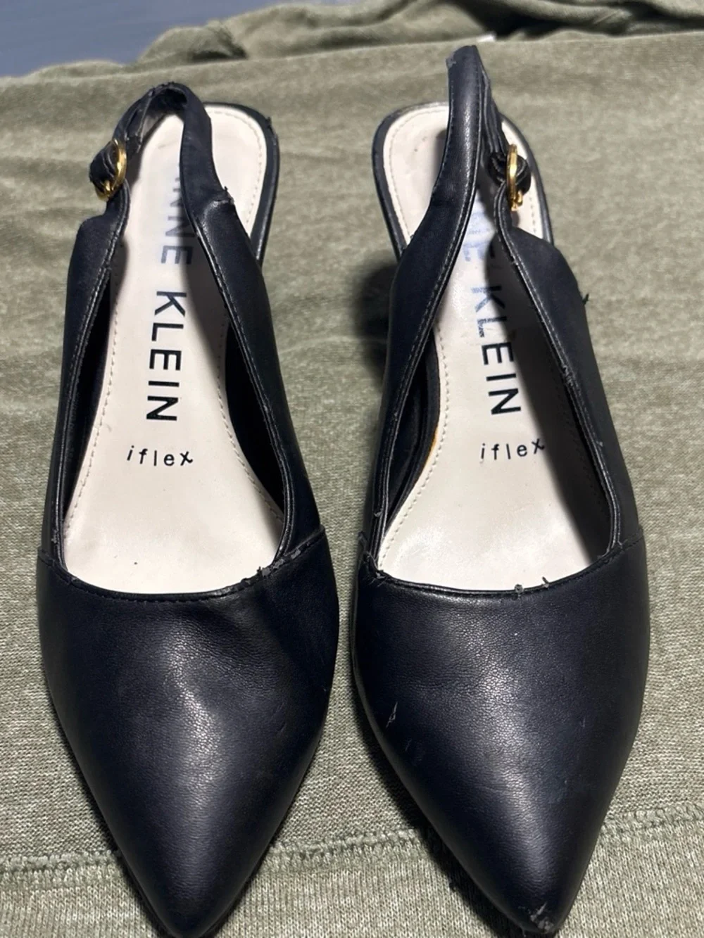 Anne Klein Black Pointed Toe Slingback Flats with Gold Buckle